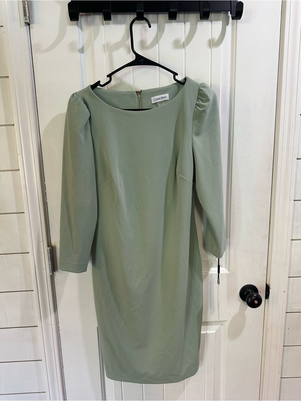 Calvin Klein Light Sage Puff-Sleeve Midi Sheath Dress